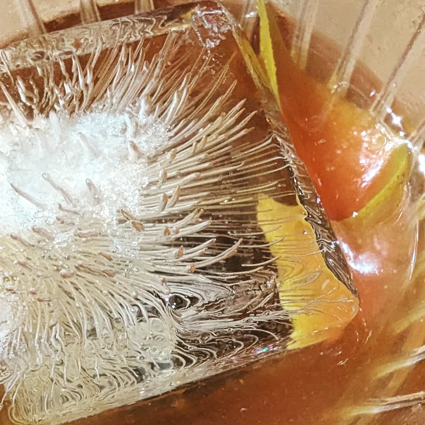 An old fashioned with marmalade in place of the sugar syrup, and distilled water ice.