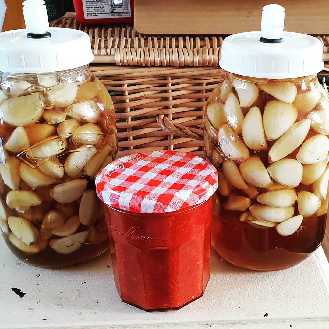 Garlic honey ferment started, hot pepper sauce sriracha style 9 month ferment ready for serving.